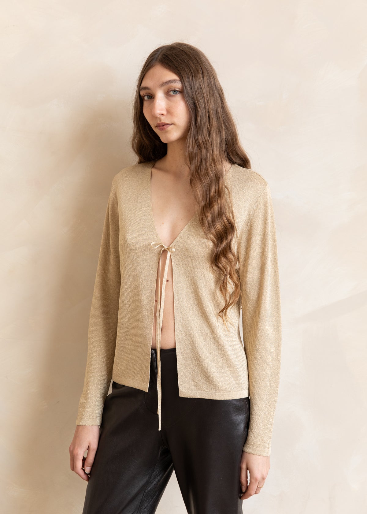 Vintage Escada Metallic Knit Tie Front Cardigan in Gold