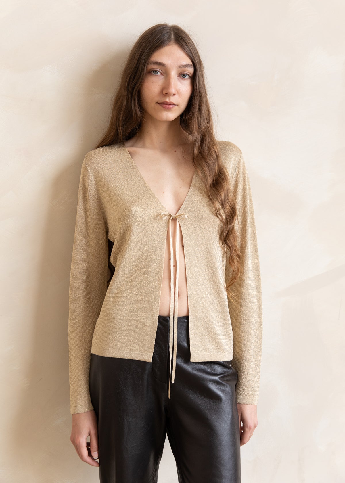 Vintage Escada Metallic Knit Tie Front Cardigan in Gold