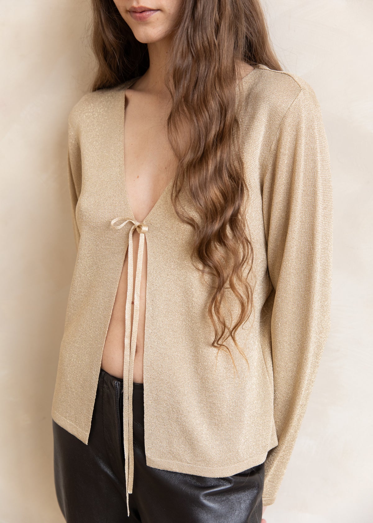 Vintage Escada Metallic Knit Tie Front Cardigan in Gold