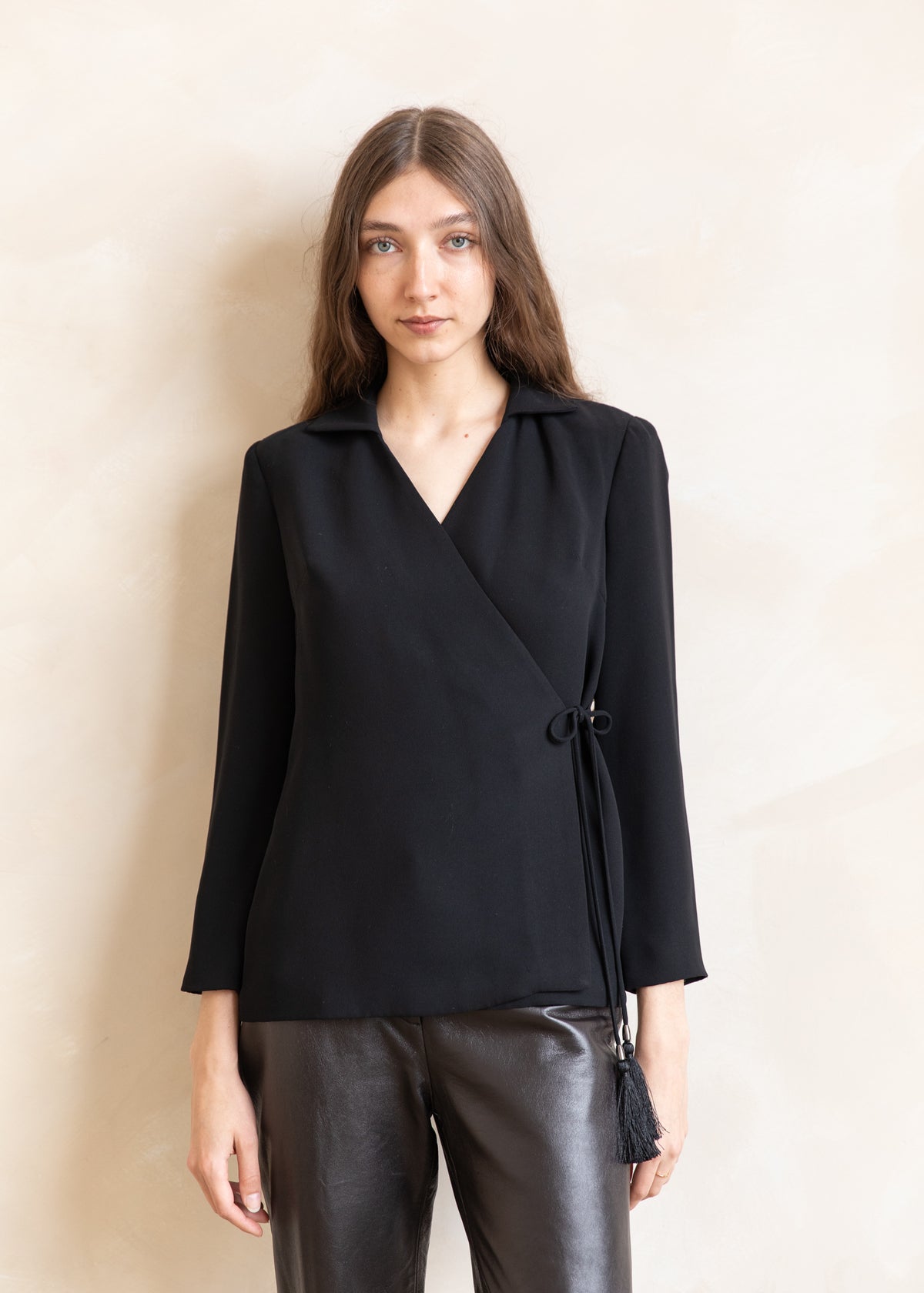 Vintage Wrap Style Blazer with Tassel Tie in Black