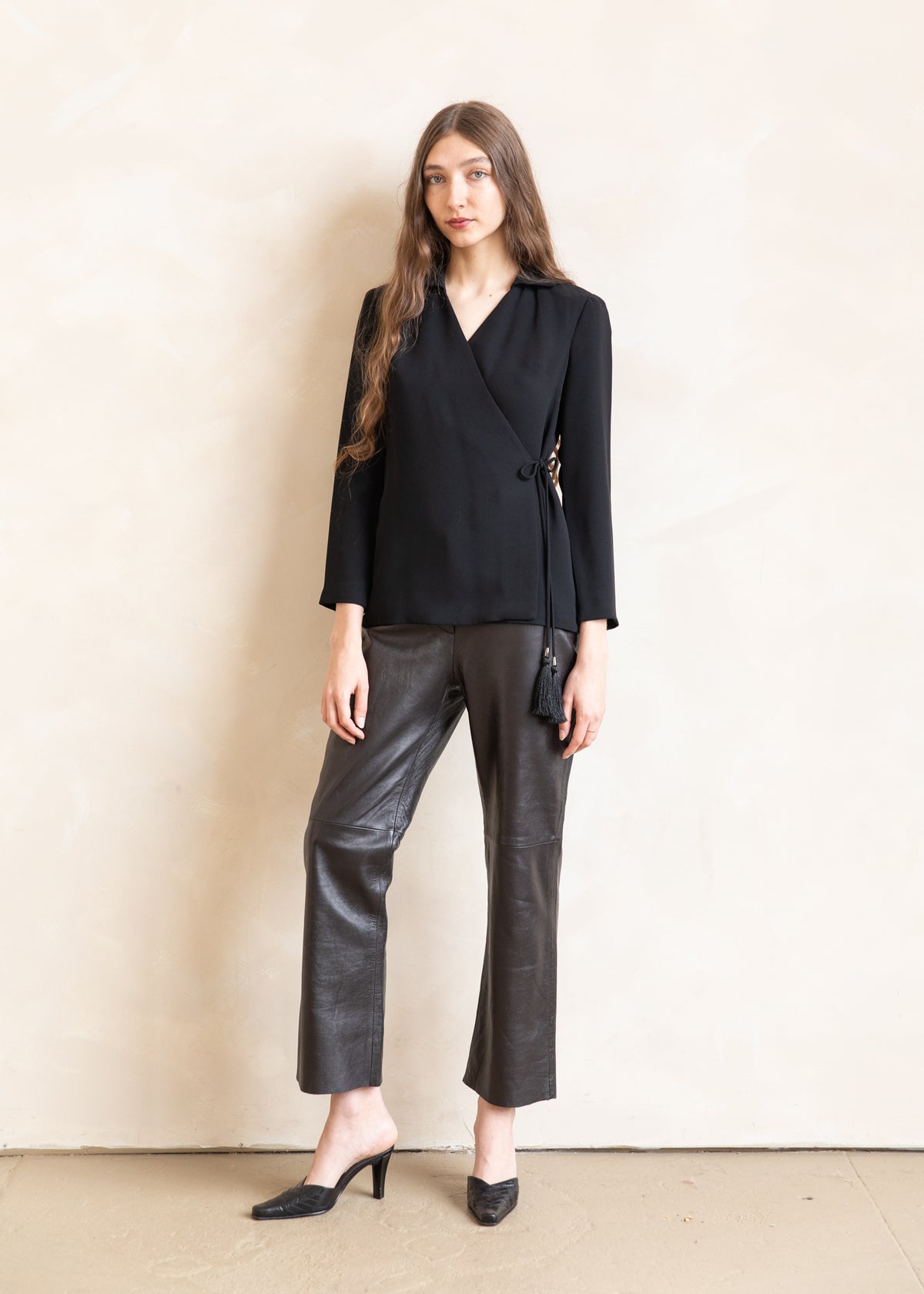 Vintage Wrap Style Blazer with Tassel Tie in Black