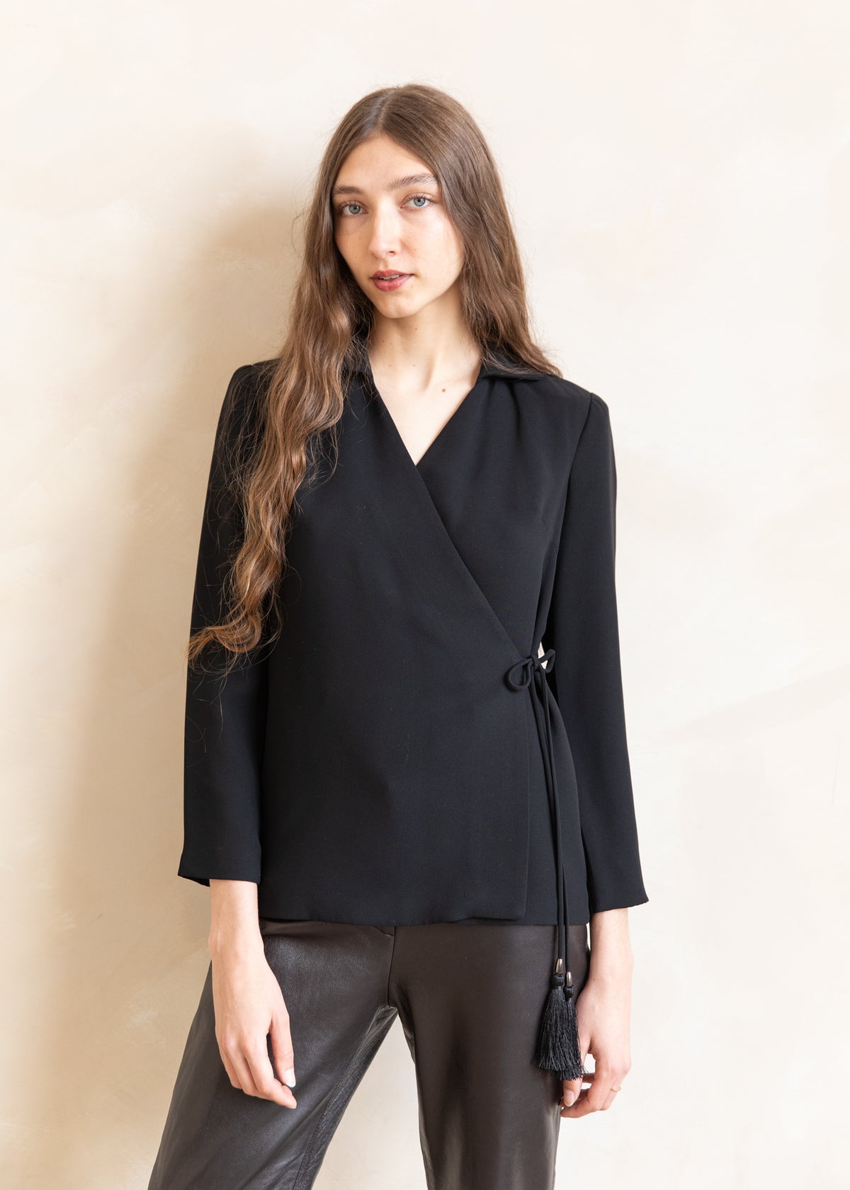 Vintage Wrap Style Blazer with Tassel Tie in Black