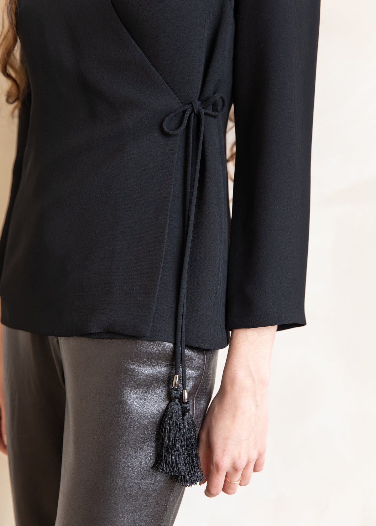 Vintage Wrap Style Blazer with Tassel Tie in Black