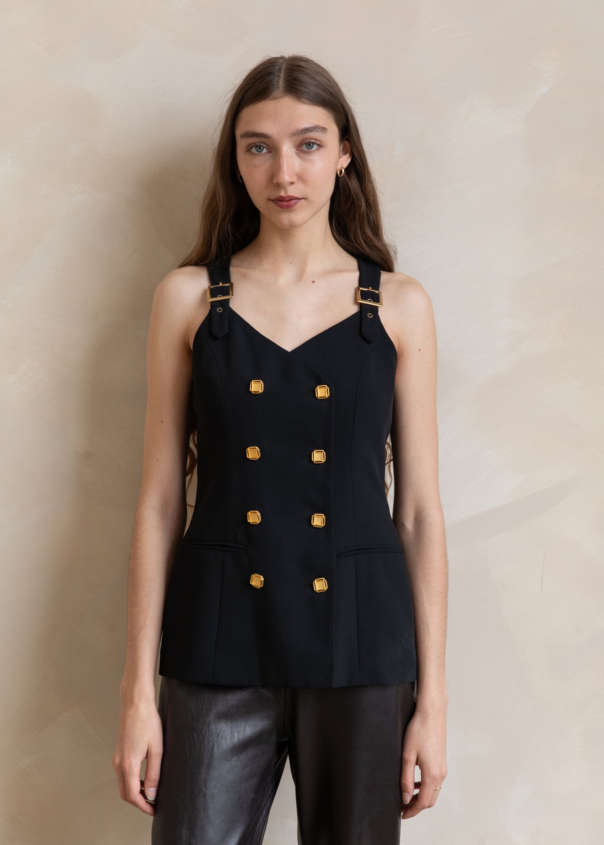 Vintage 90s Structured Button Front Vest with Gold Hardware in Black