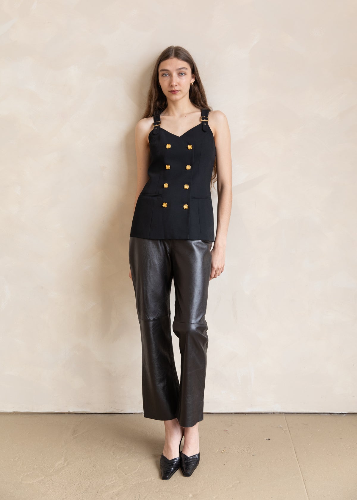 Vintage 90s Structured Button Front Vest with Gold Hardware in Black