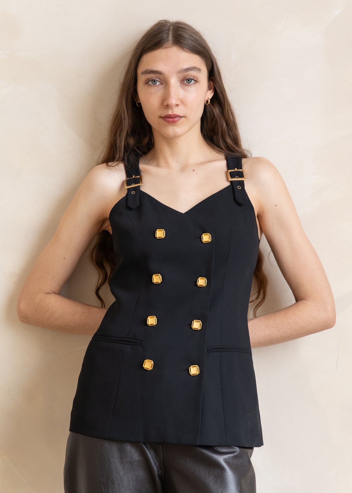 Vintage 90s Structured Button Front Vest with Gold Hardware in Black
