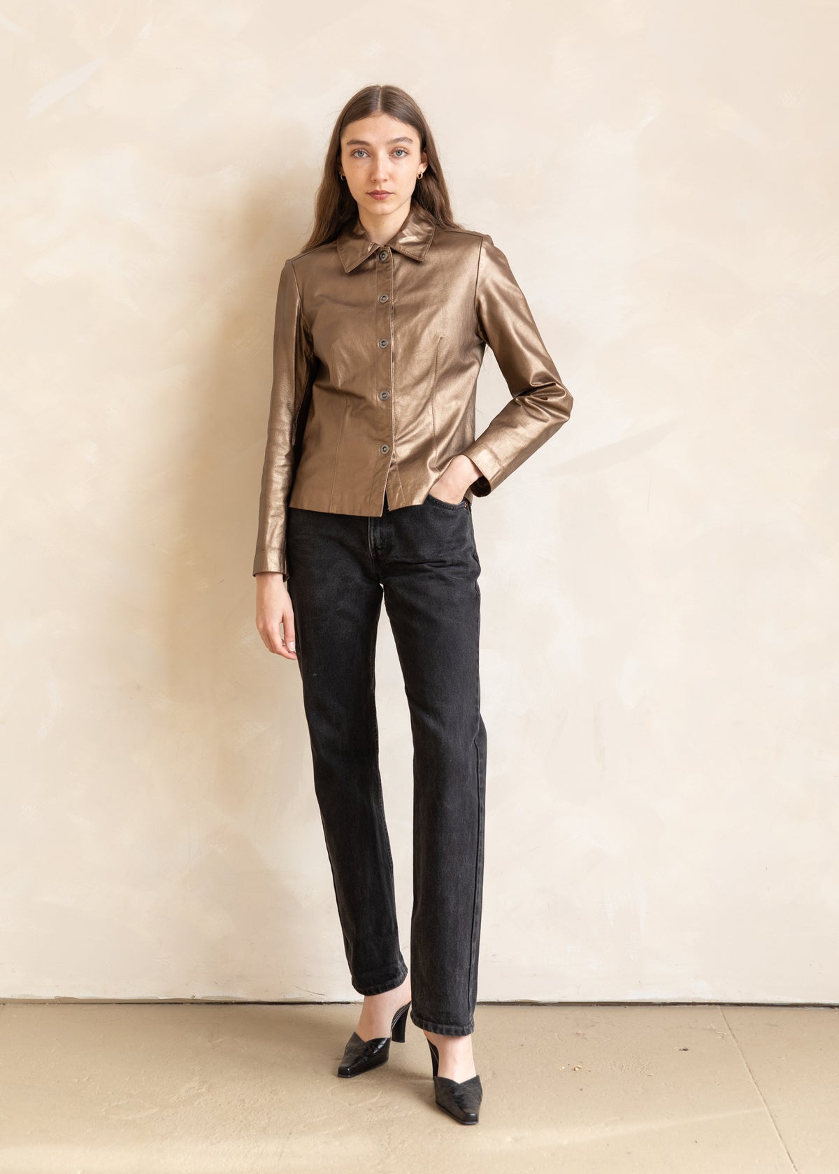 Vintage Metallic Leather Snap Front Jacket in Bronze