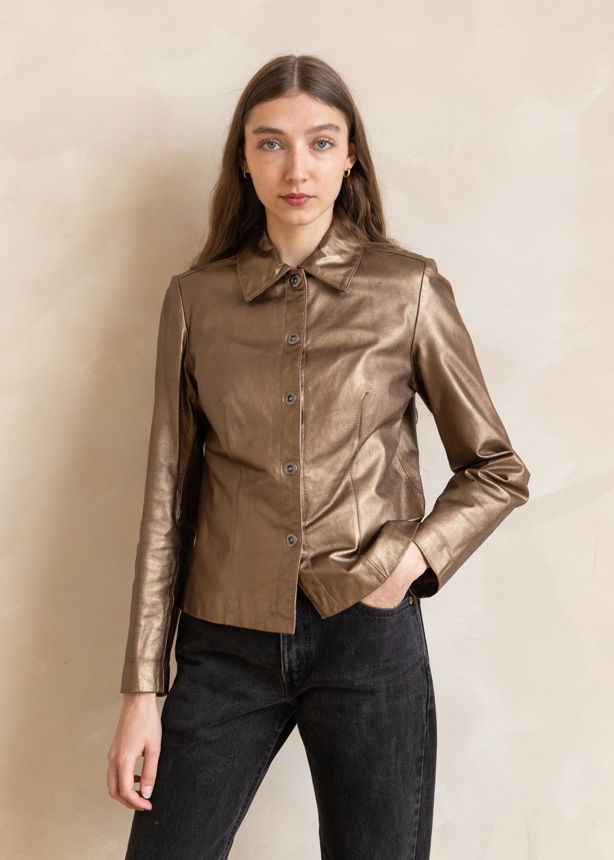 Vintage Metallic Leather Snap Front Jacket in Bronze
