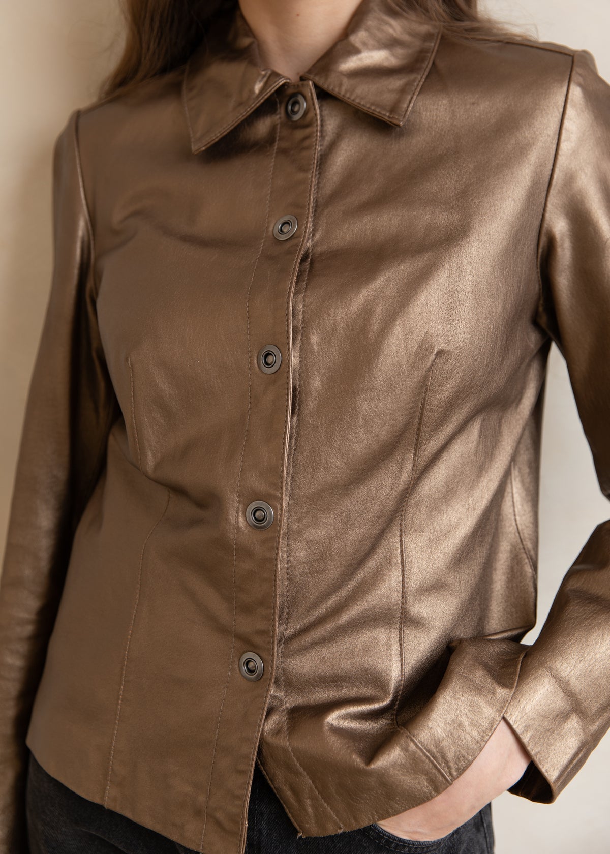 Vintage Metallic Leather Snap Front Jacket in Bronze