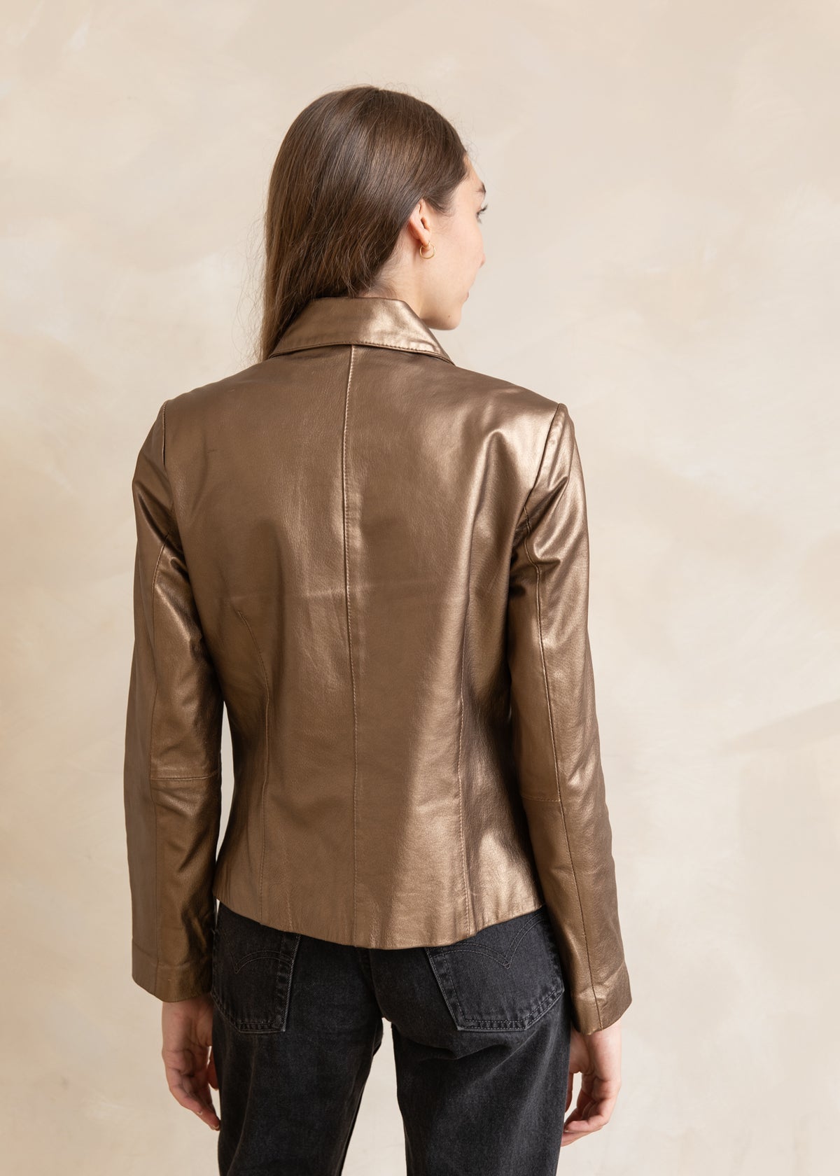 Vintage Metallic Leather Snap Front Jacket in Bronze