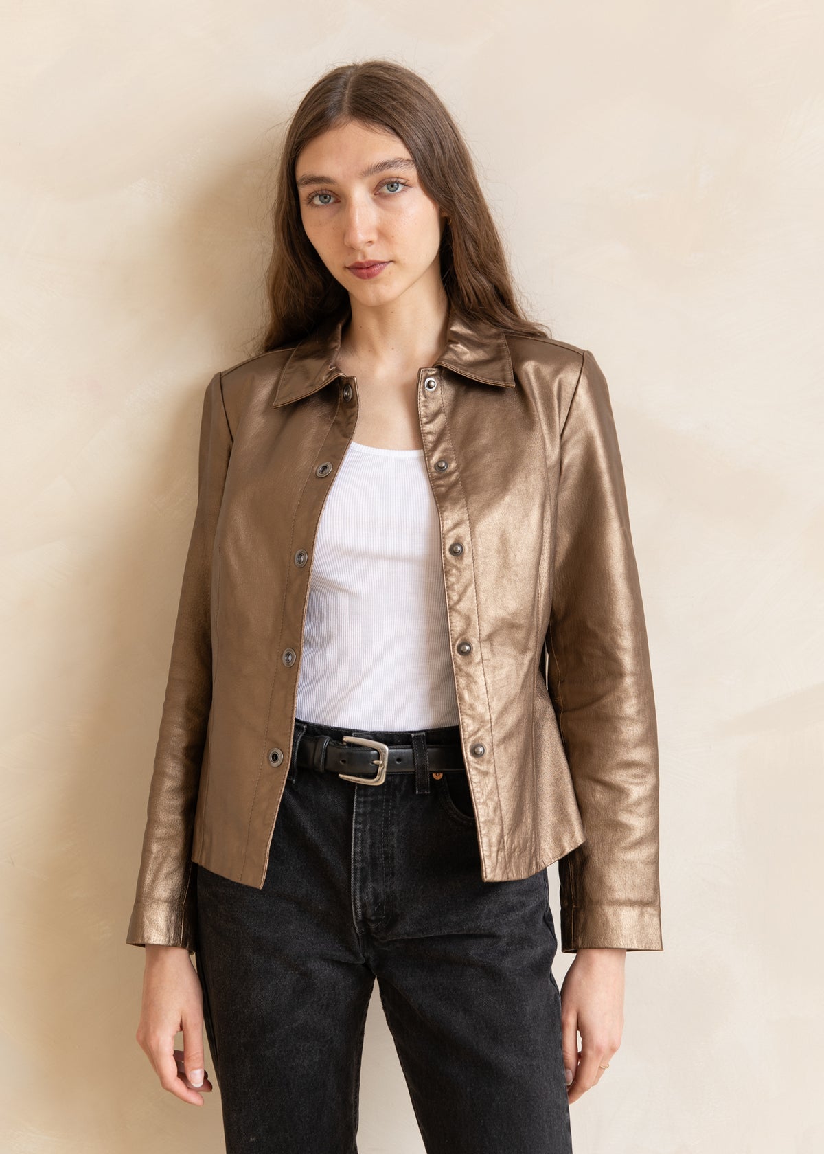 Vintage Metallic Leather Snap Front Jacket in Bronze