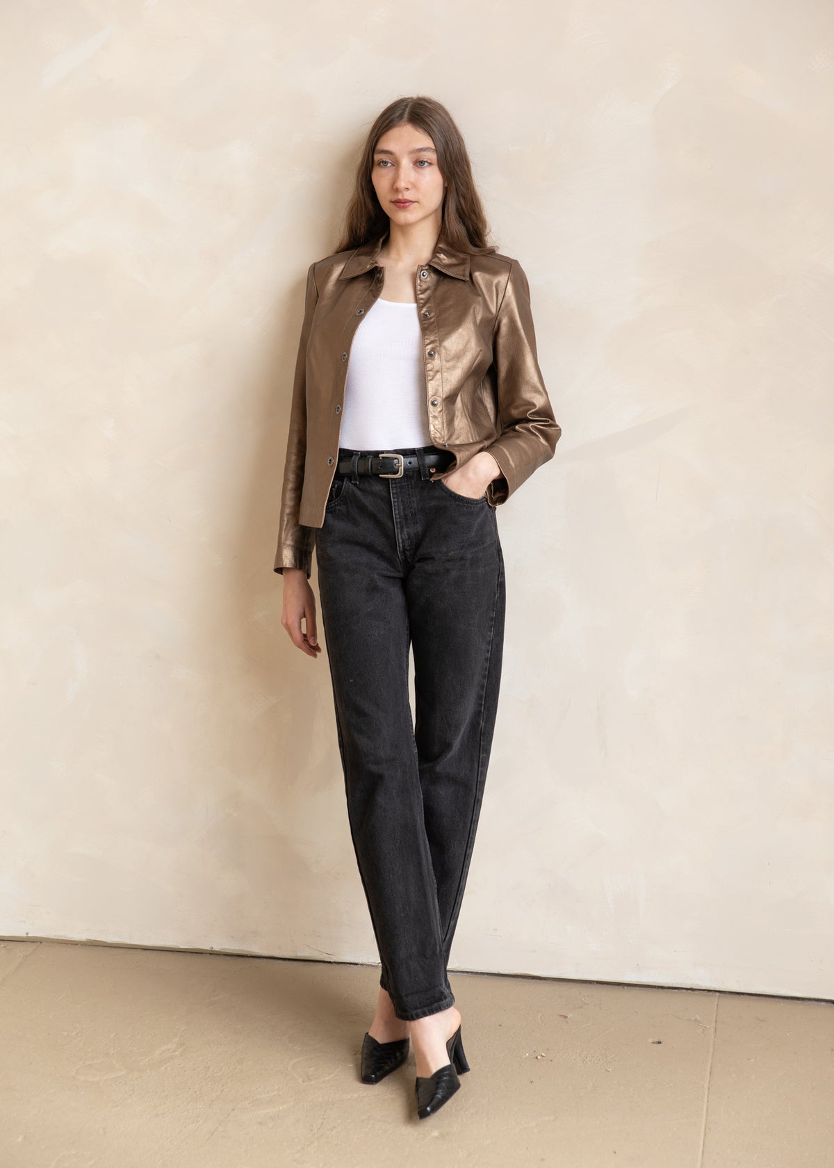 Vintage Metallic Leather Snap Front Jacket in Bronze