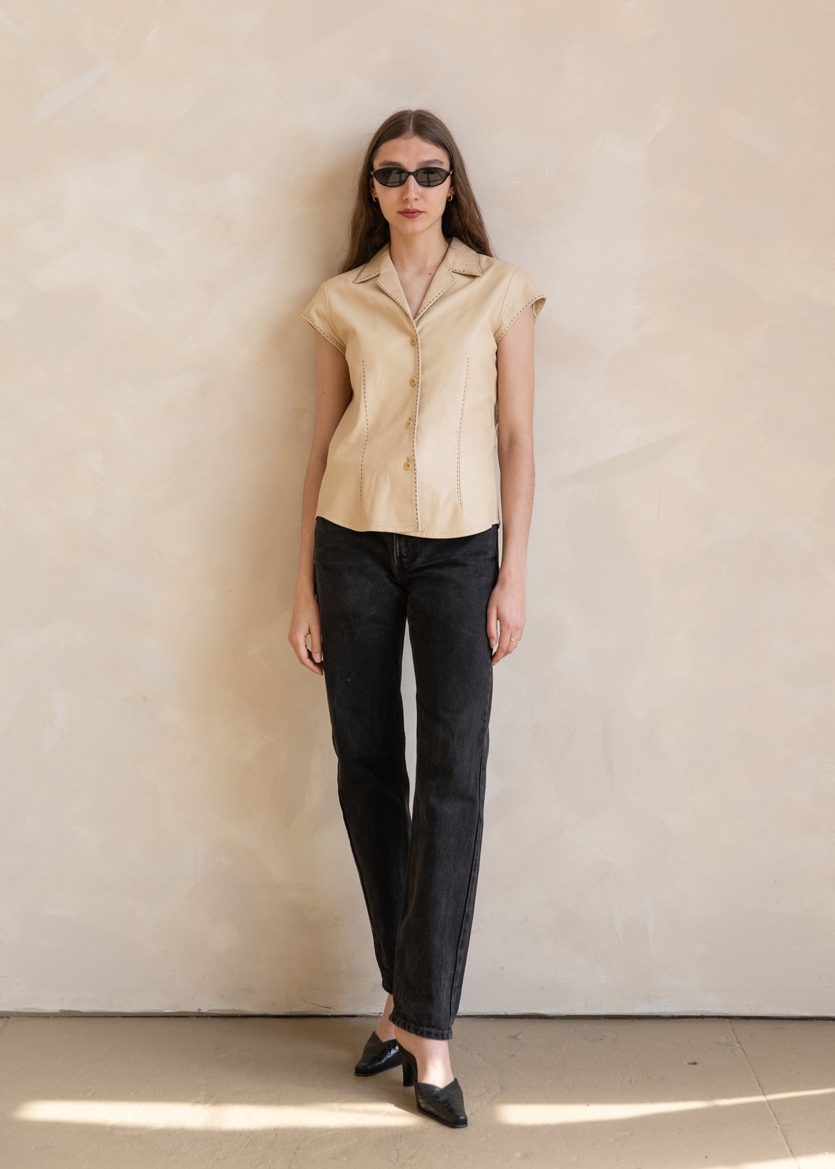 Vintage Short Sleeve Leather Blazer with Contrast Stitching in Sand