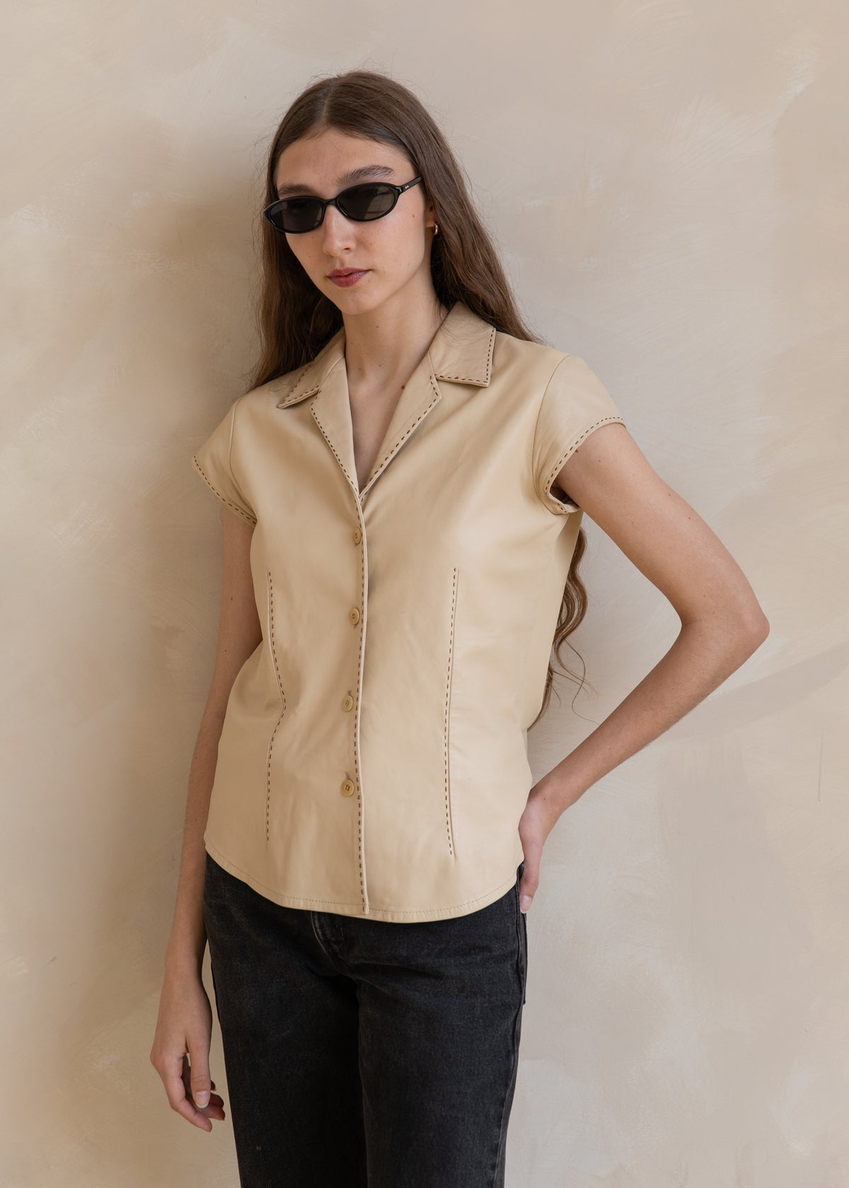 Vintage Short Sleeve Leather Blazer with Contrast Stitching in Sand