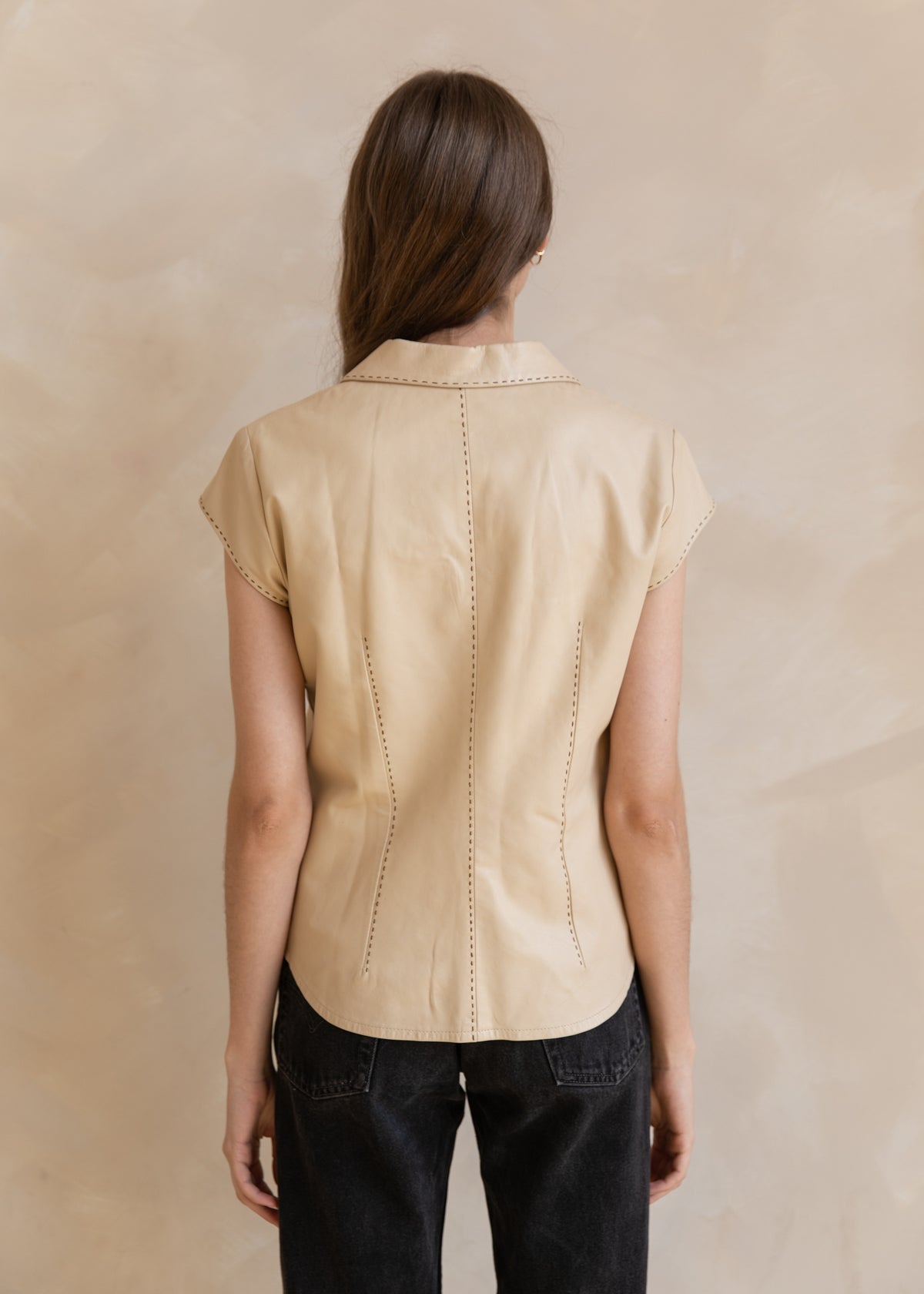 Vintage Short Sleeve Leather Blazer with Contrast Stitching in Sand