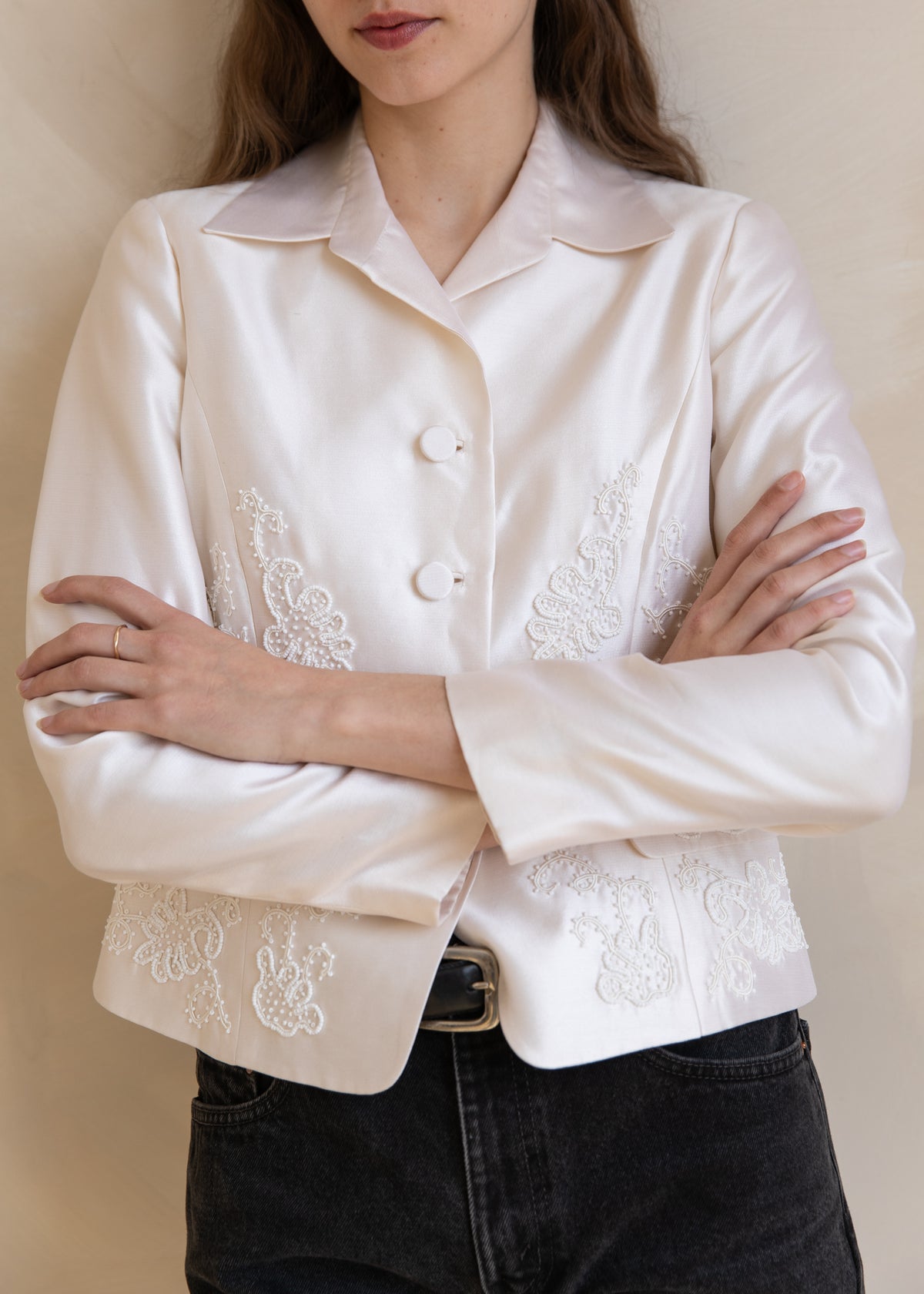 Vintage Silk Embroidered Button Front Jacket in Ivory