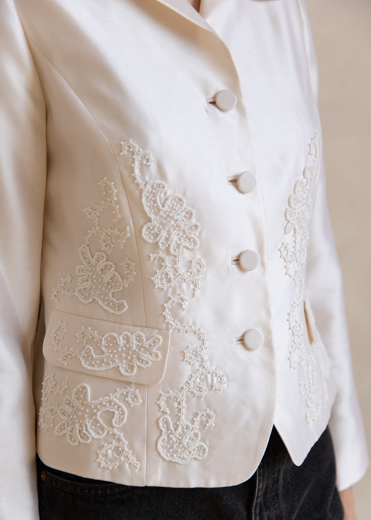 Vintage Silk Embroidered Button Front Jacket in Ivory