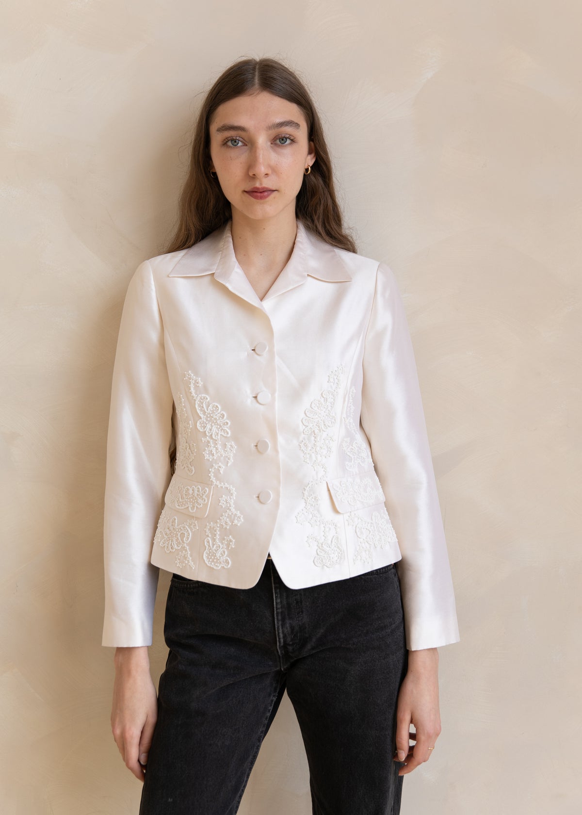 Vintage Silk Embroidered Button Front Jacket in Ivory