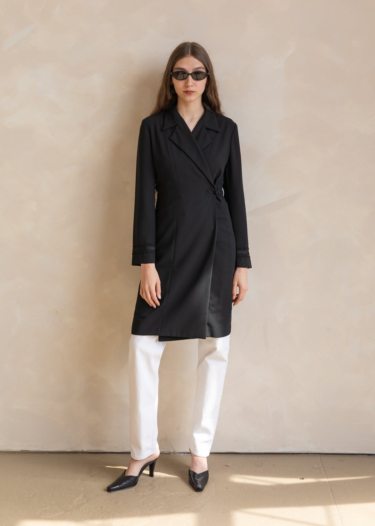 Vintage Wrap Style Tailored Dress Coat with Knot Closure in Black