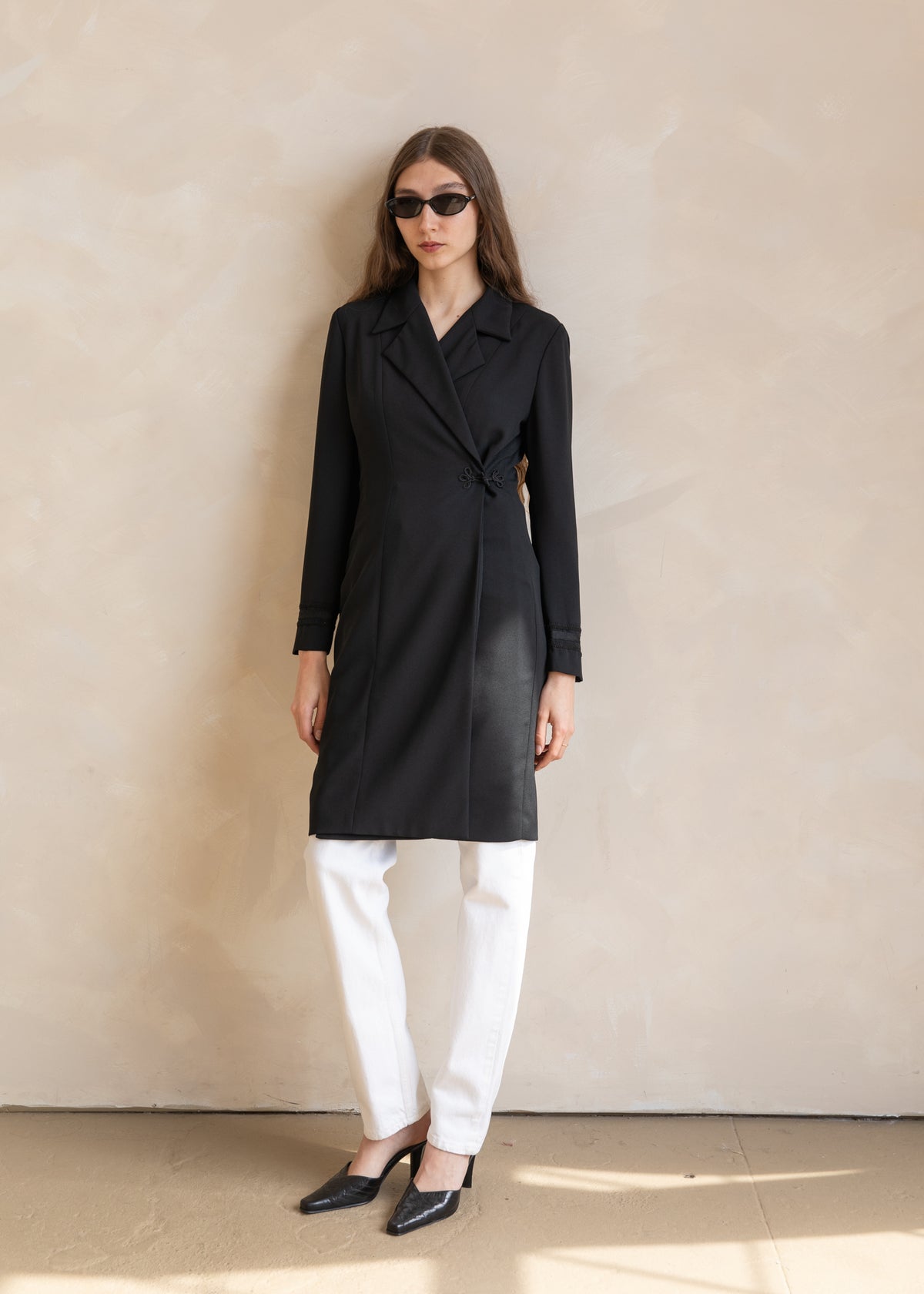 Vintage Wrap Style Tailored Dress Coat with Knot Closure in Black