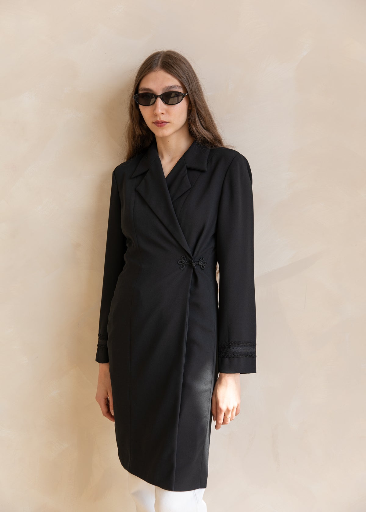 Vintage Wrap Style Tailored Dress Coat with Knot Closure in Black
