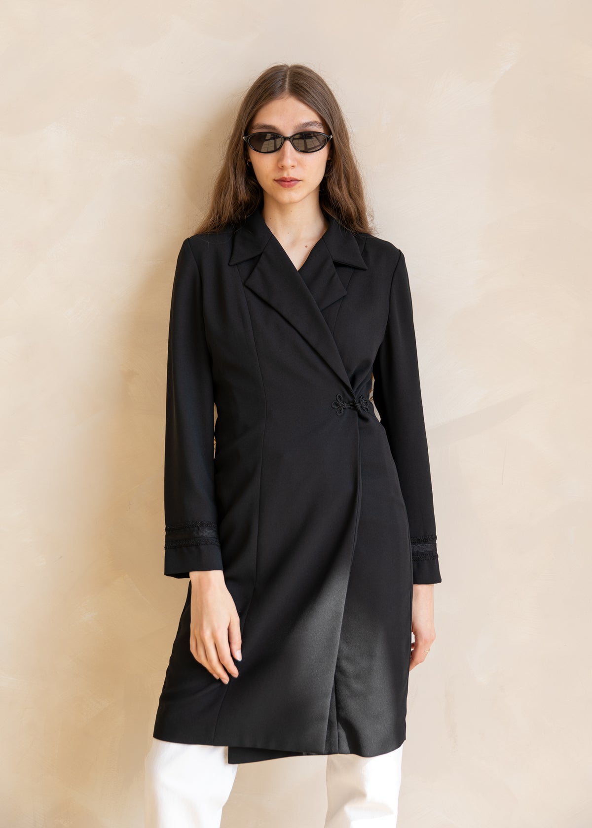 Vintage Wrap Style Tailored Dress Coat with Knot Closure in Black