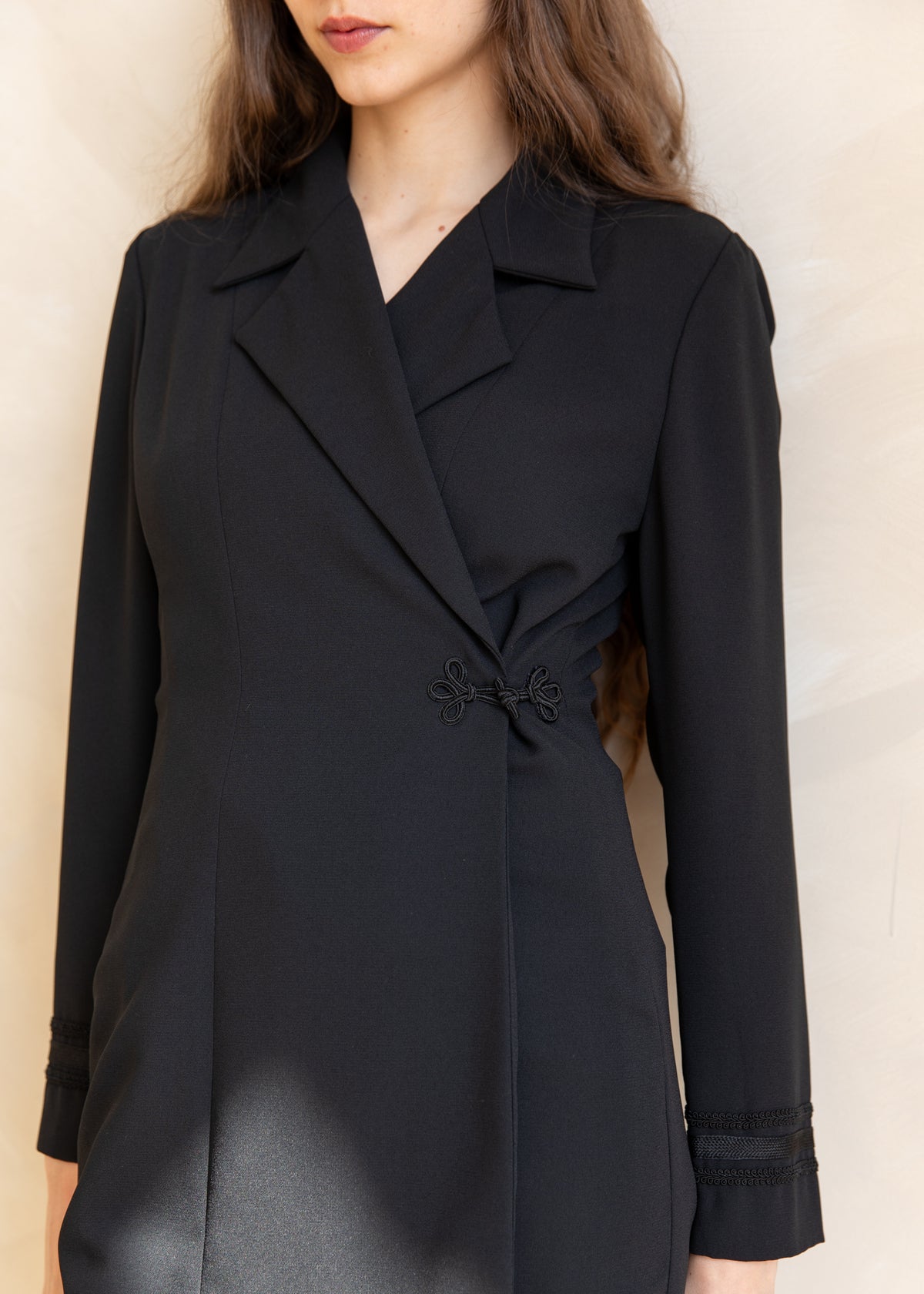 Vintage Wrap Style Tailored Dress Coat with Knot Closure in Black