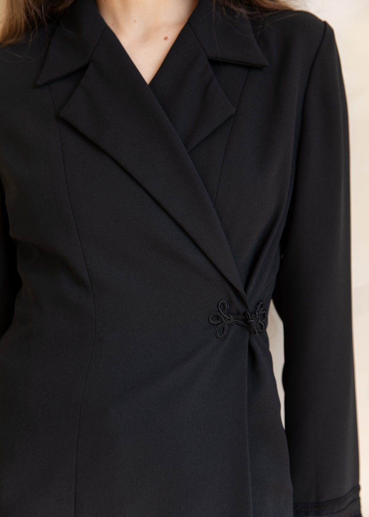 Vintage Wrap Style Tailored Dress Coat with Knot Closure in Black