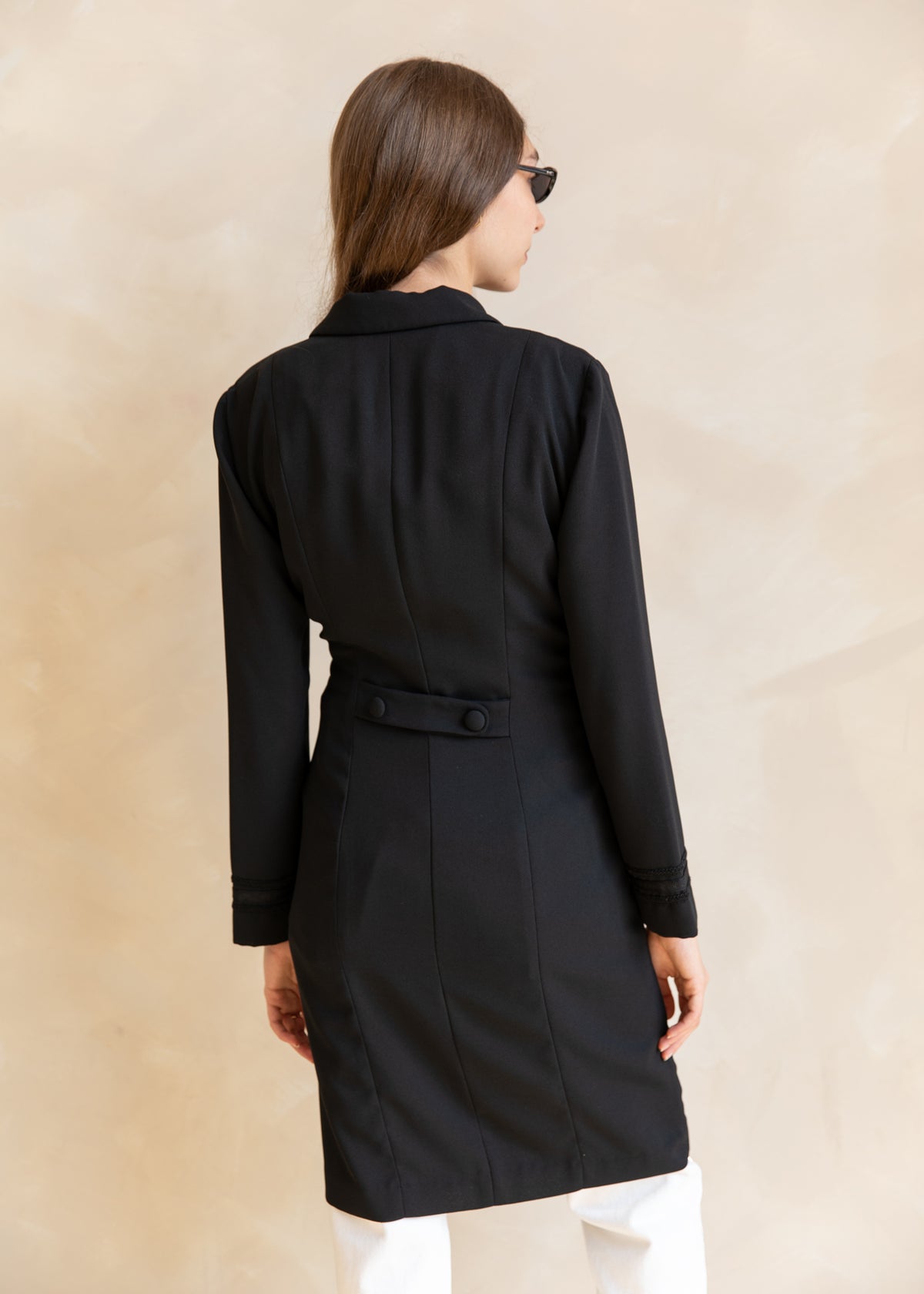 Vintage Wrap Style Tailored Dress Coat with Knot Closure in Black