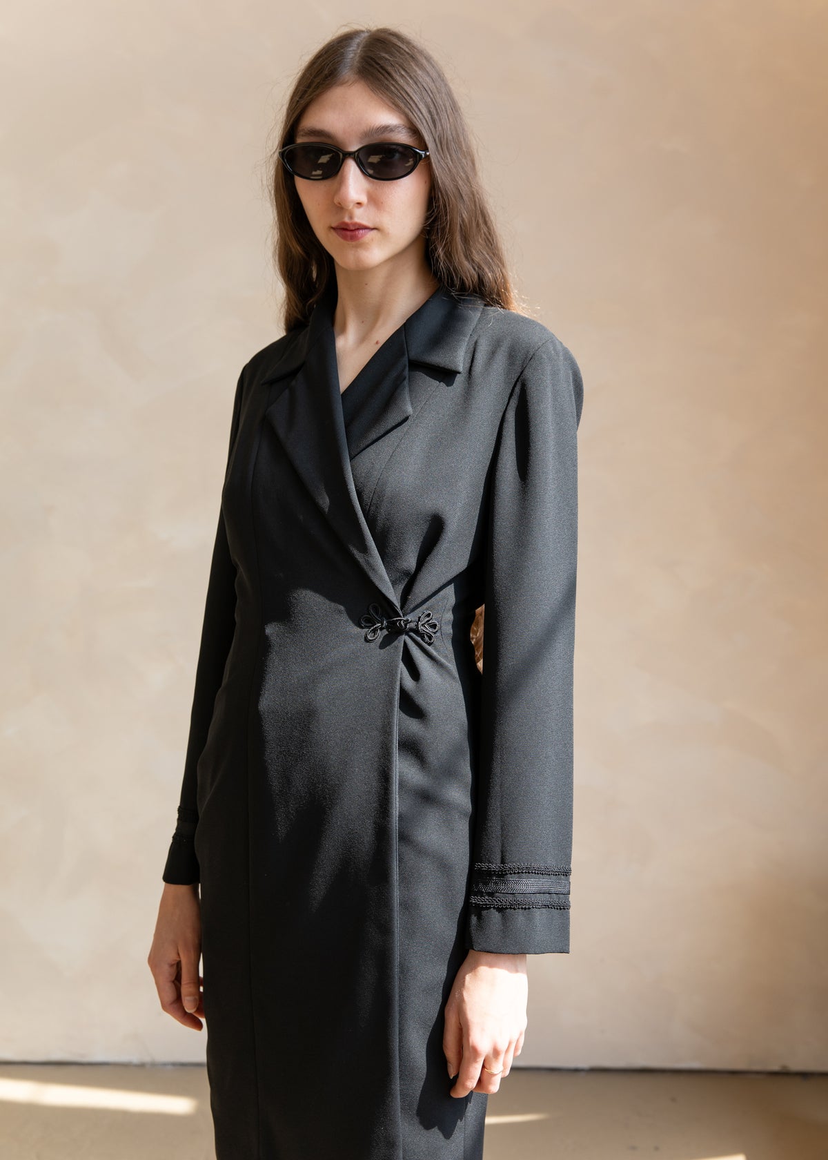 Vintage Wrap Style Tailored Dress Coat with Knot Closure in Black