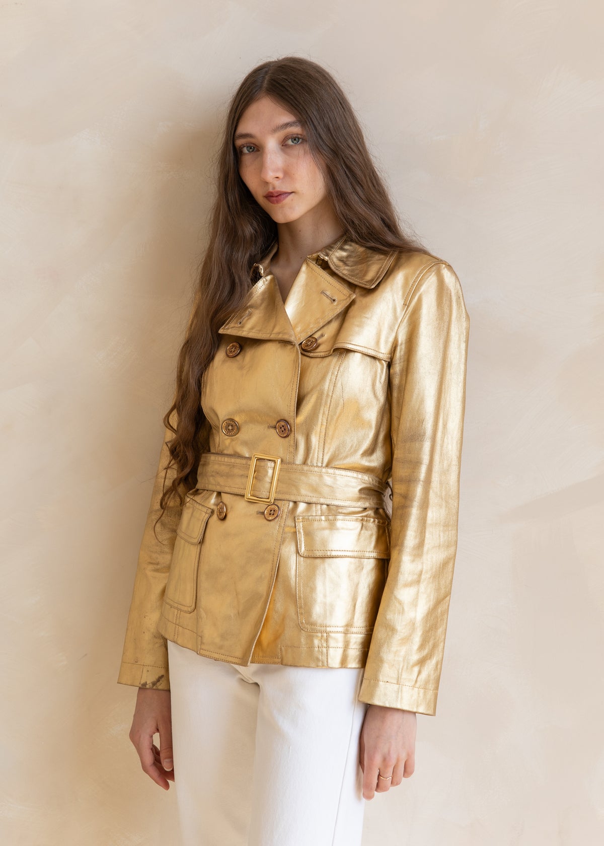 Vintage Ralph Lauren Coated Cotton Short Trench Coat in Gold