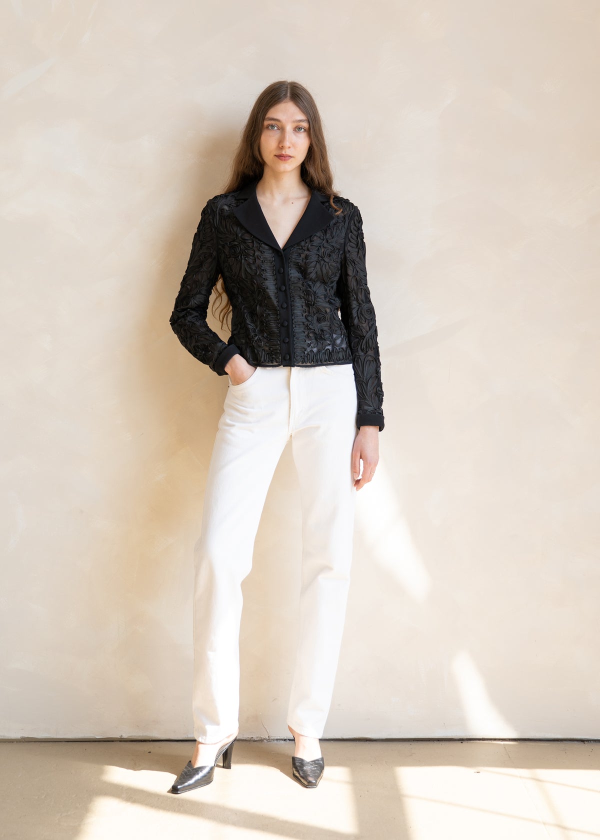 Vintage Escada Sheer Ribbon Embroidered Jacket in Black