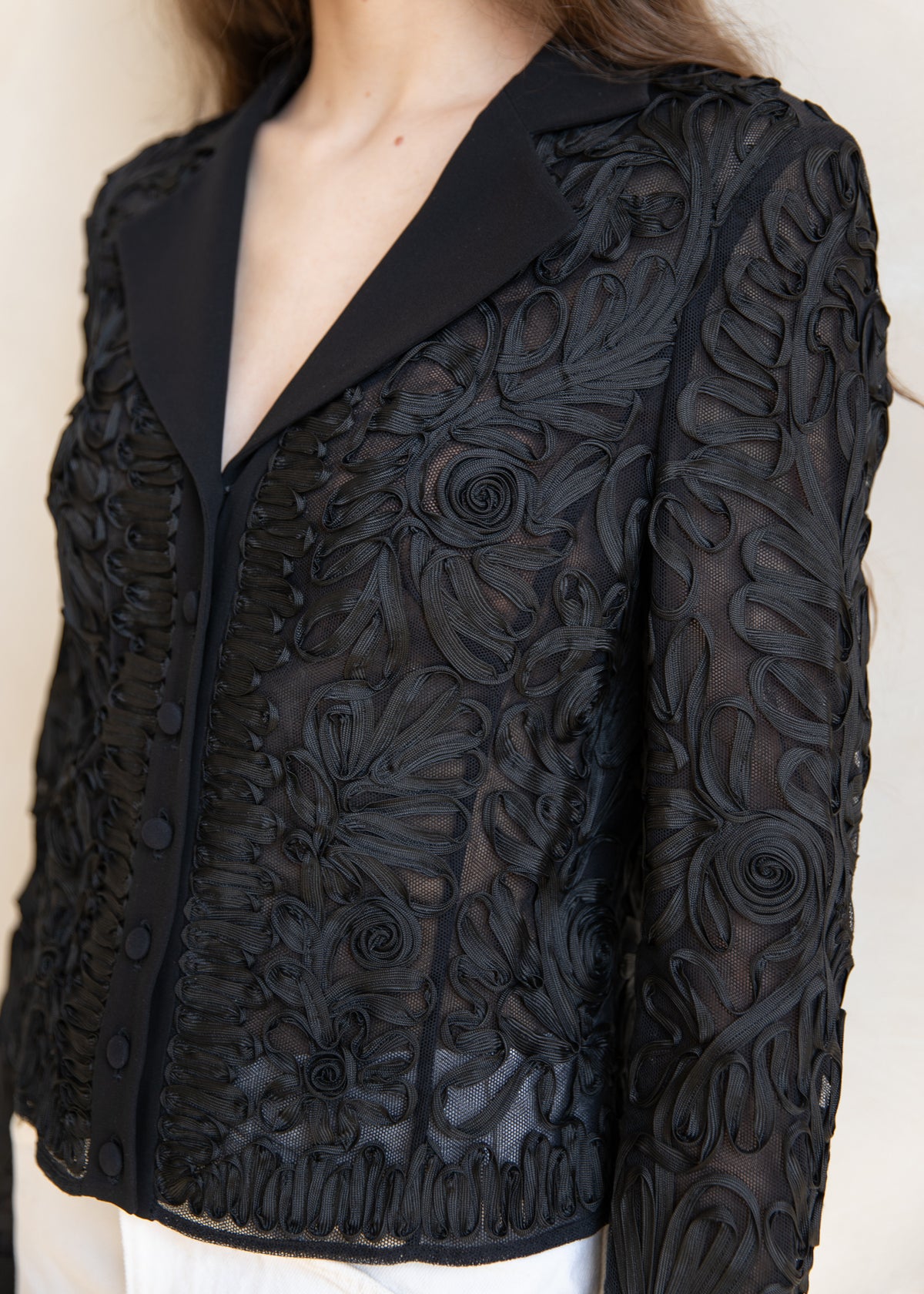 Vintage Escada Sheer Ribbon Embroidered Jacket in Black