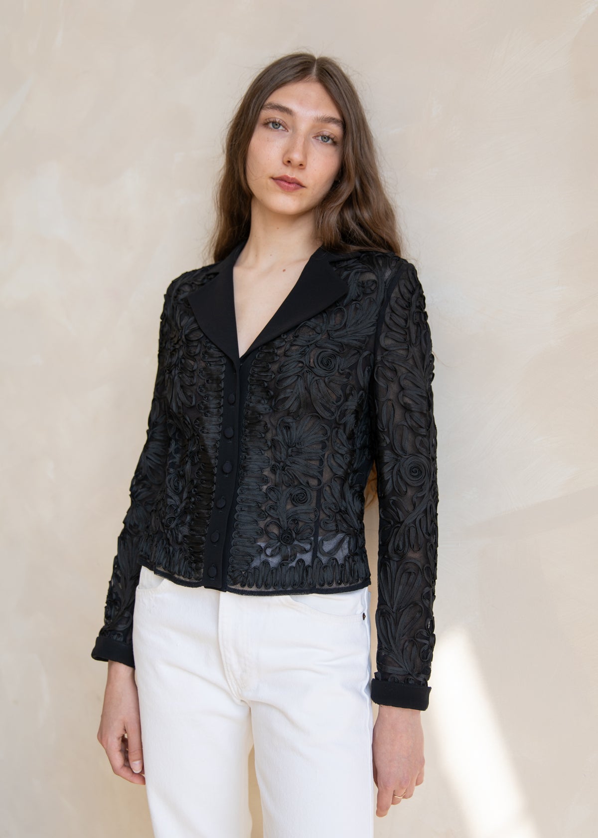 Vintage Escada Sheer Ribbon Embroidered Jacket in Black
