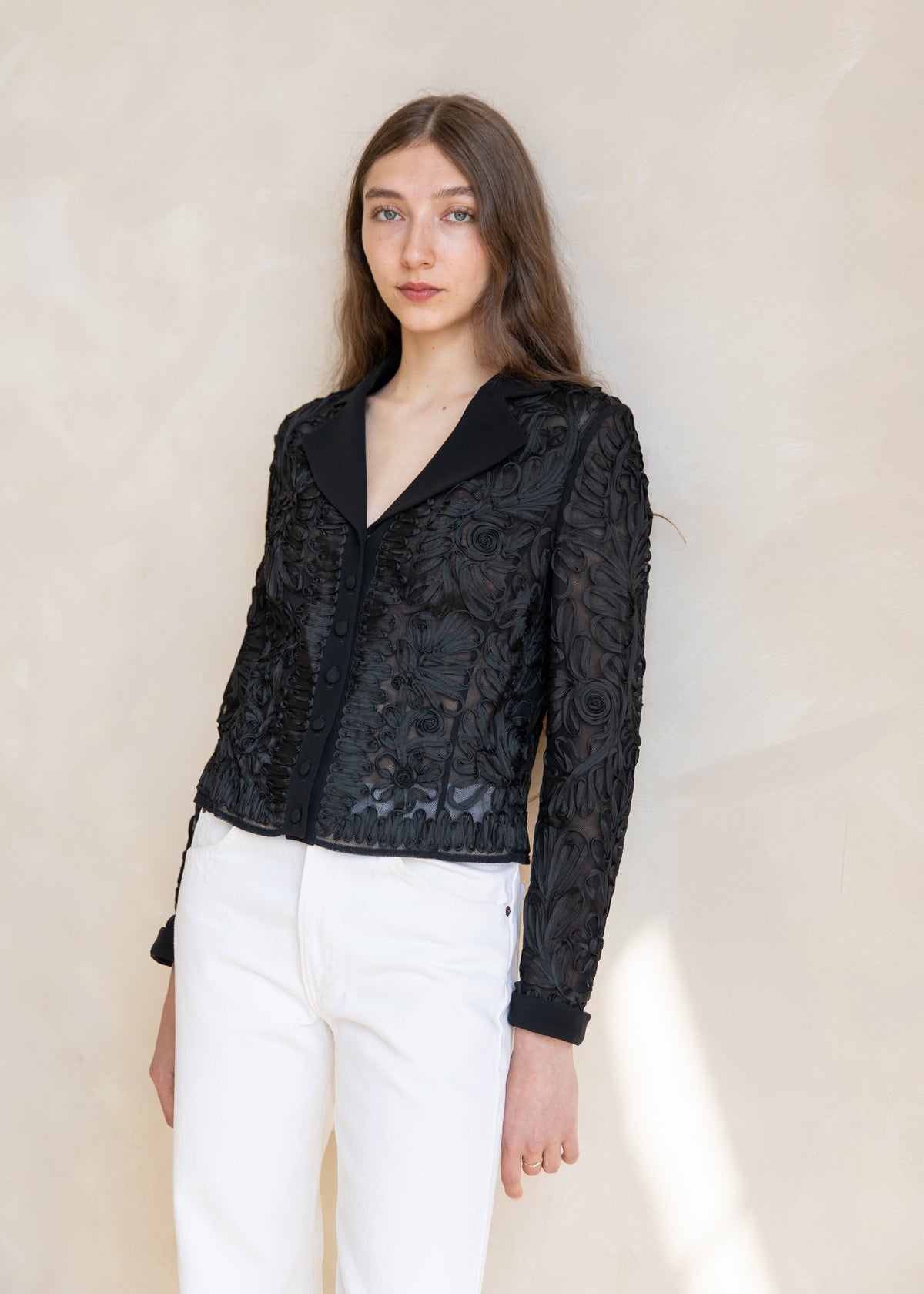 Vintage Escada Sheer Ribbon Embroidered Jacket in Black