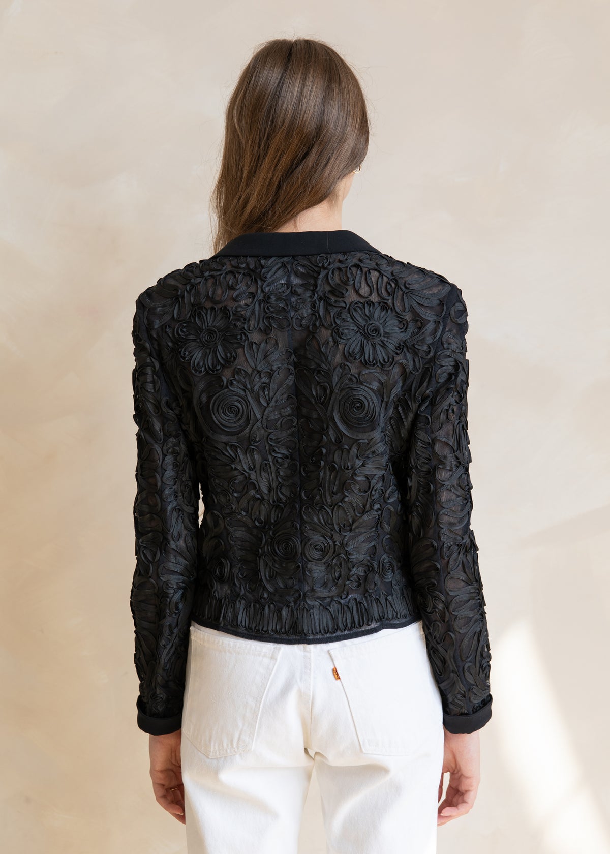 Vintage Escada Sheer Ribbon Embroidered Jacket in Black