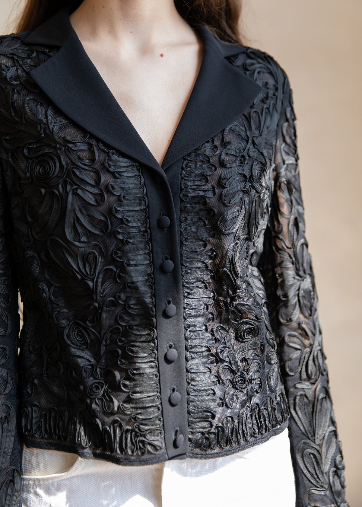 Vintage Escada Sheer Ribbon Embroidered Jacket in Black