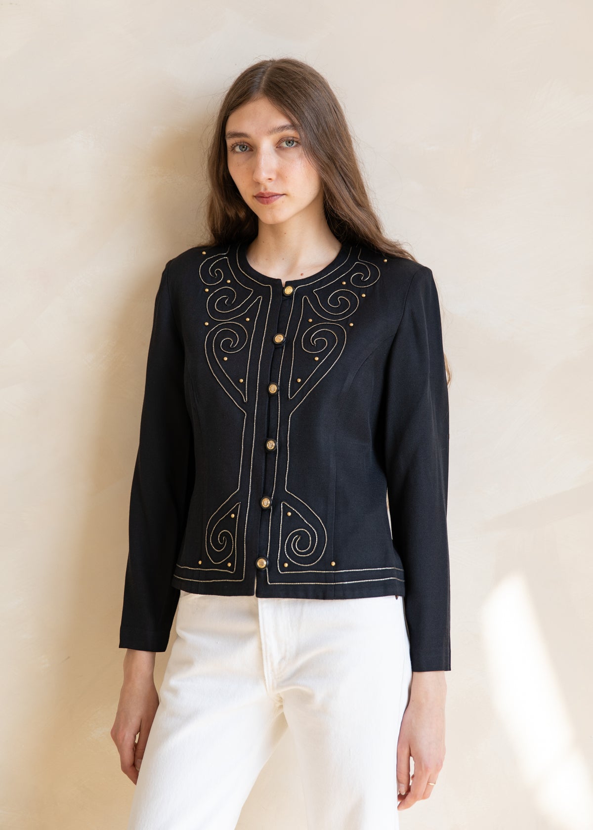 Vintage Embroidered Button Front Jacket with Gold Detail in Black