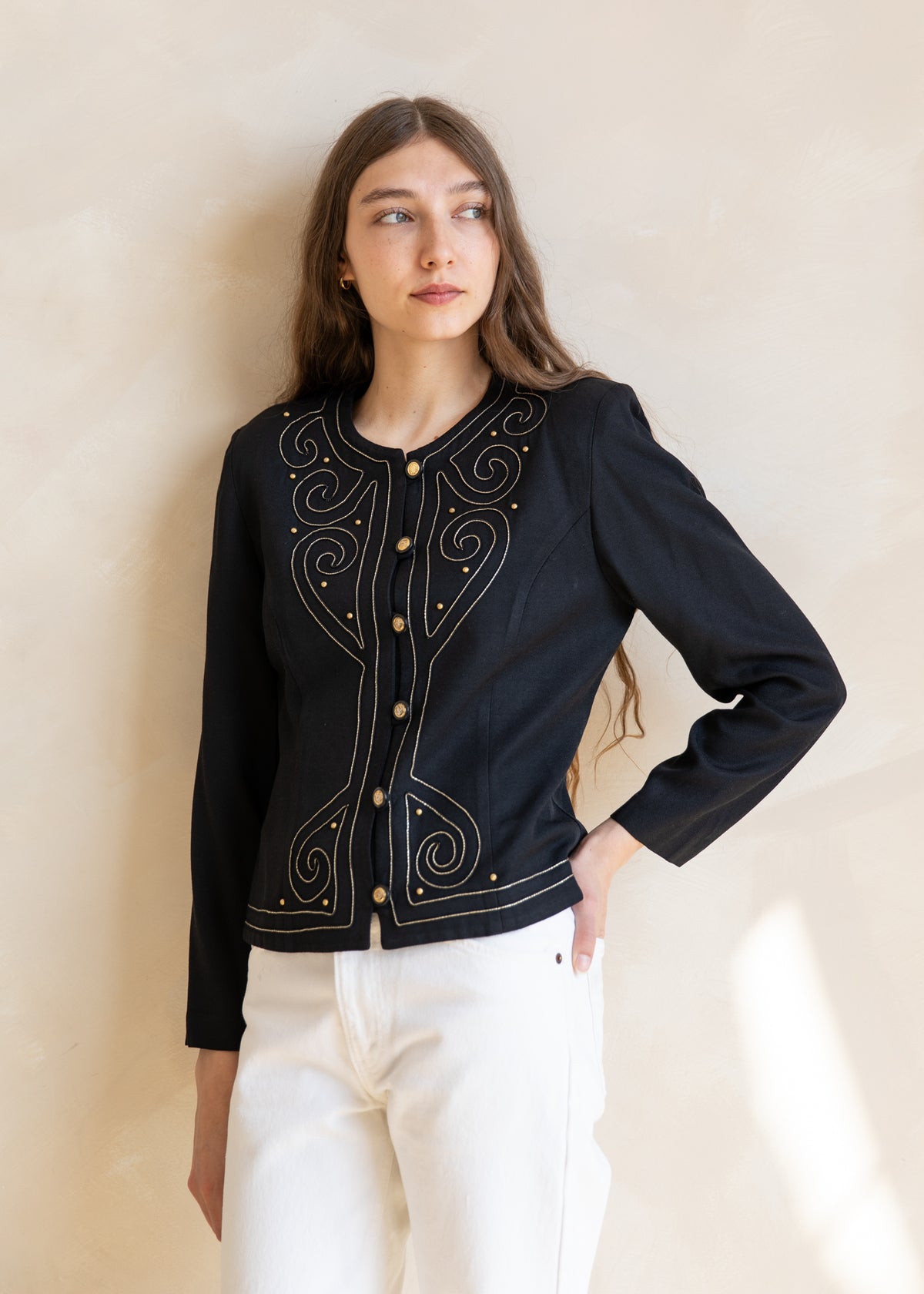 Vintage Embroidered Button Front Jacket with Gold Detail in Black