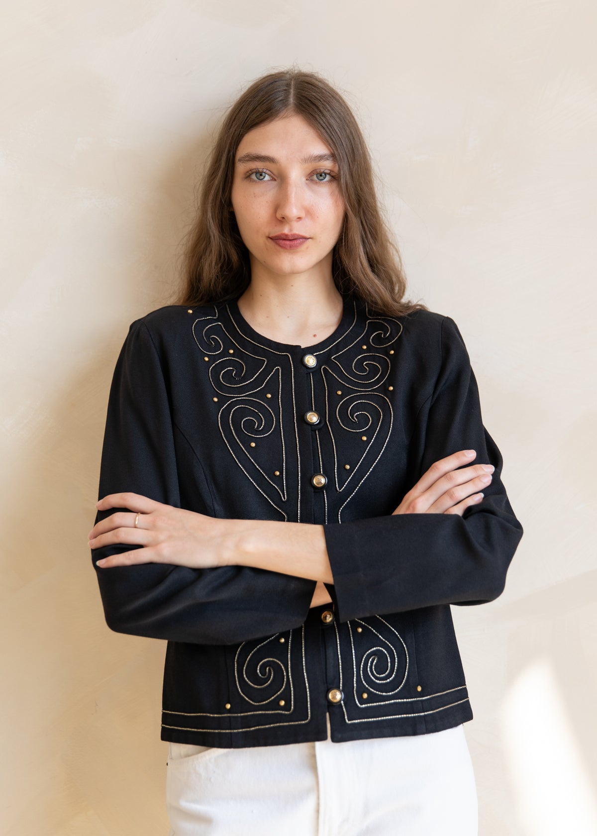 Vintage Embroidered Button Front Jacket with Gold Detail in Black
