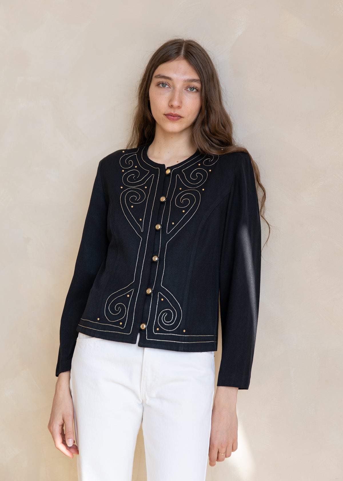 Vintage Embroidered Button Front Jacket with Gold Detail in Black