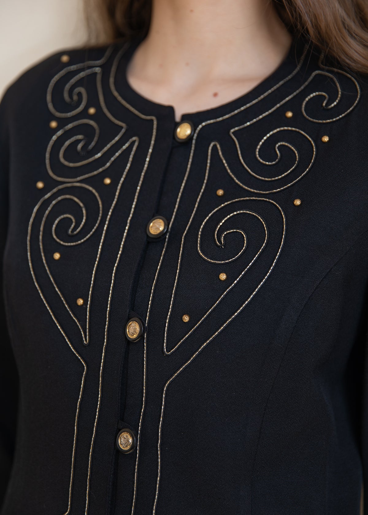 Vintage Embroidered Button Front Jacket with Gold Detail in Black