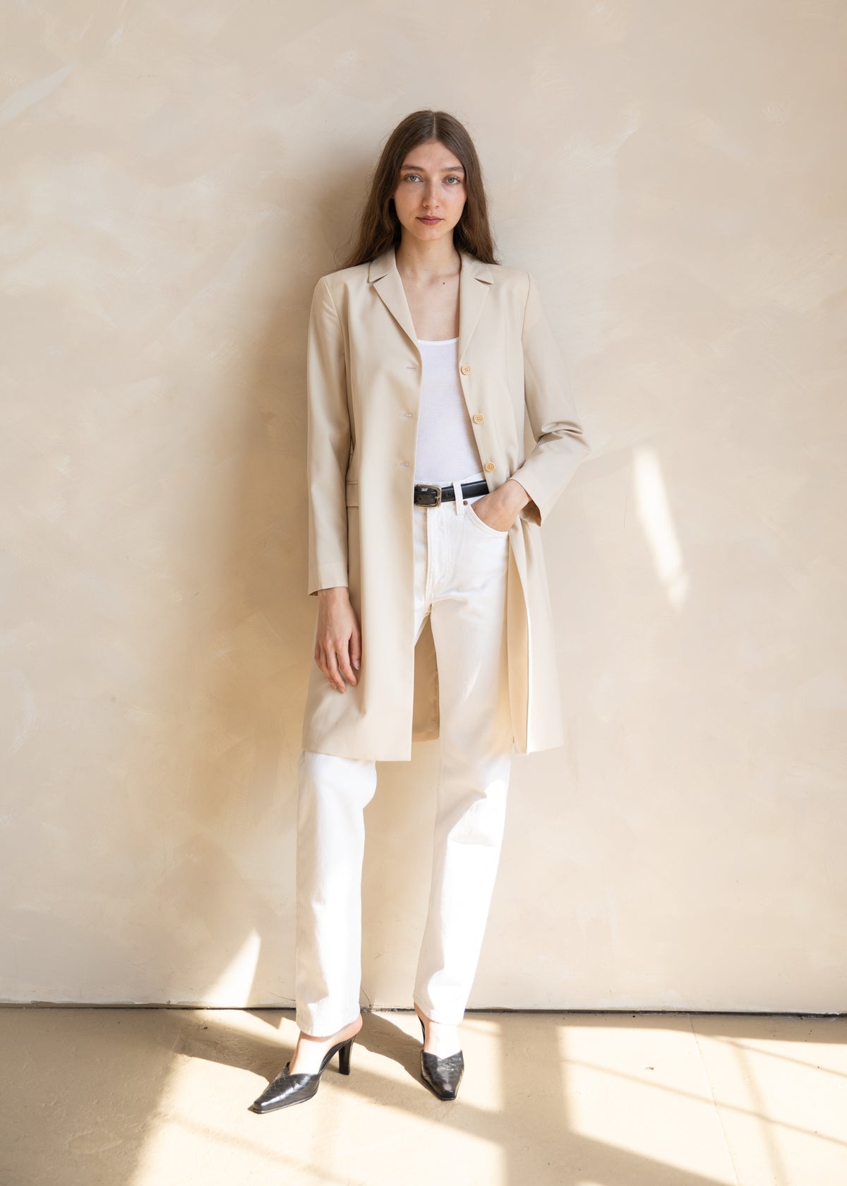 Vintage 90s Minimal Tailored Longline Coat in Beige