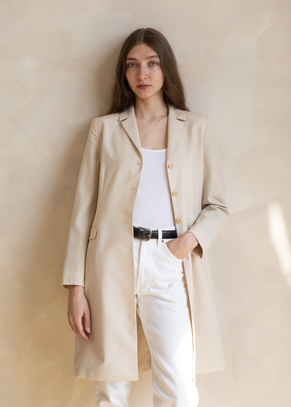 Vintage 90s Minimal Tailored Longline Coat in Beige