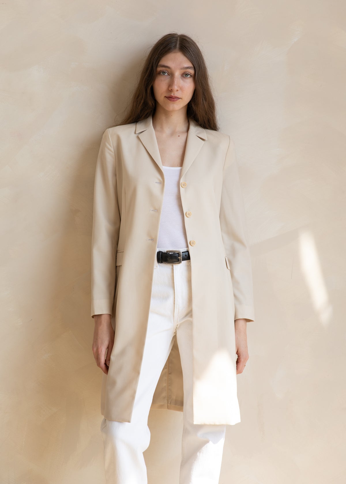 Vintage 90s Minimal Tailored Longline Coat in Beige