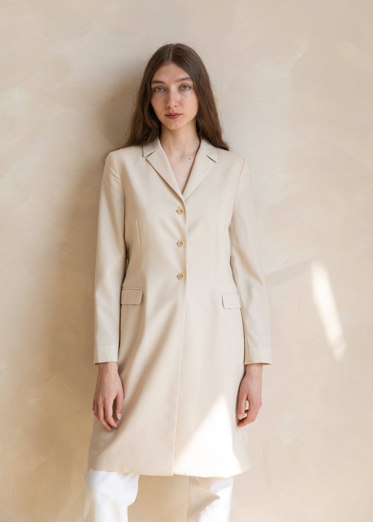 Vintage 90s Minimal Tailored Longline Coat in Beige