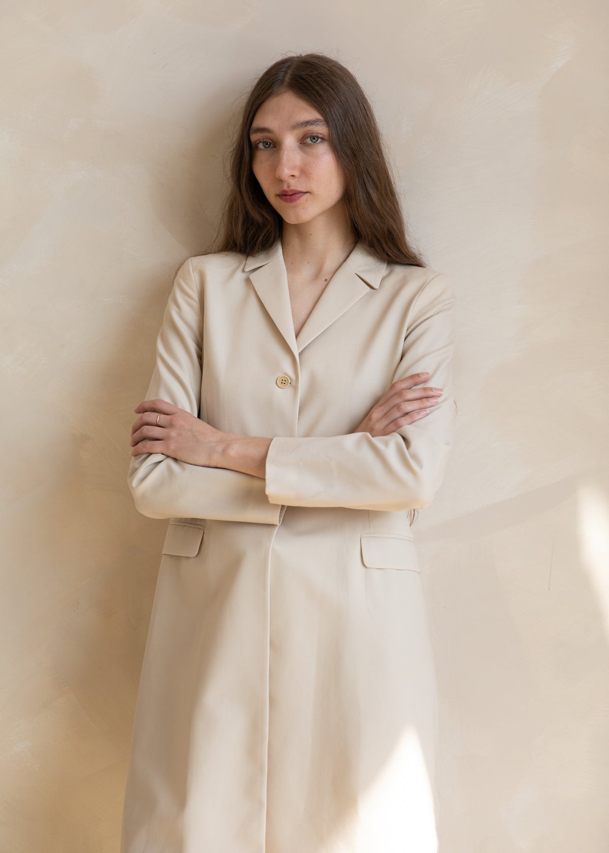 Vintage 90s Minimal Tailored Longline Coat in Beige