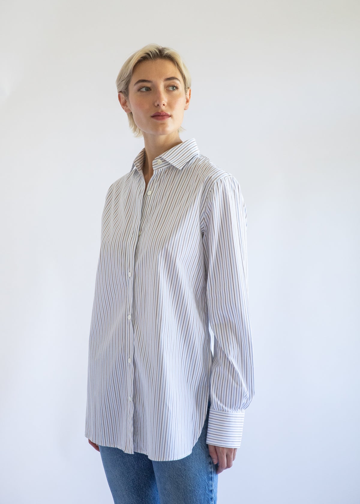 Gemma Button Up Shirt in Mini Stripe Cotton Poplin