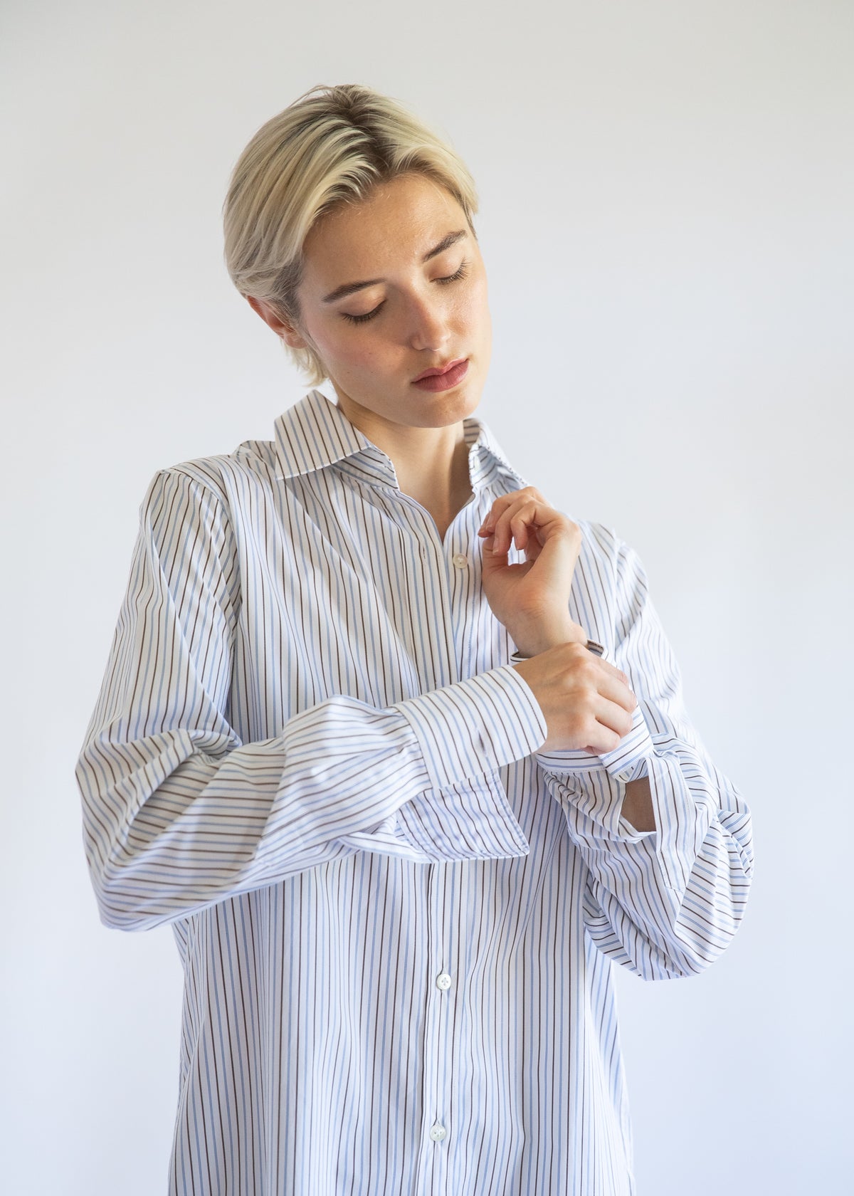 Gemma Button Up Shirt in Mini Stripe Cotton Poplin