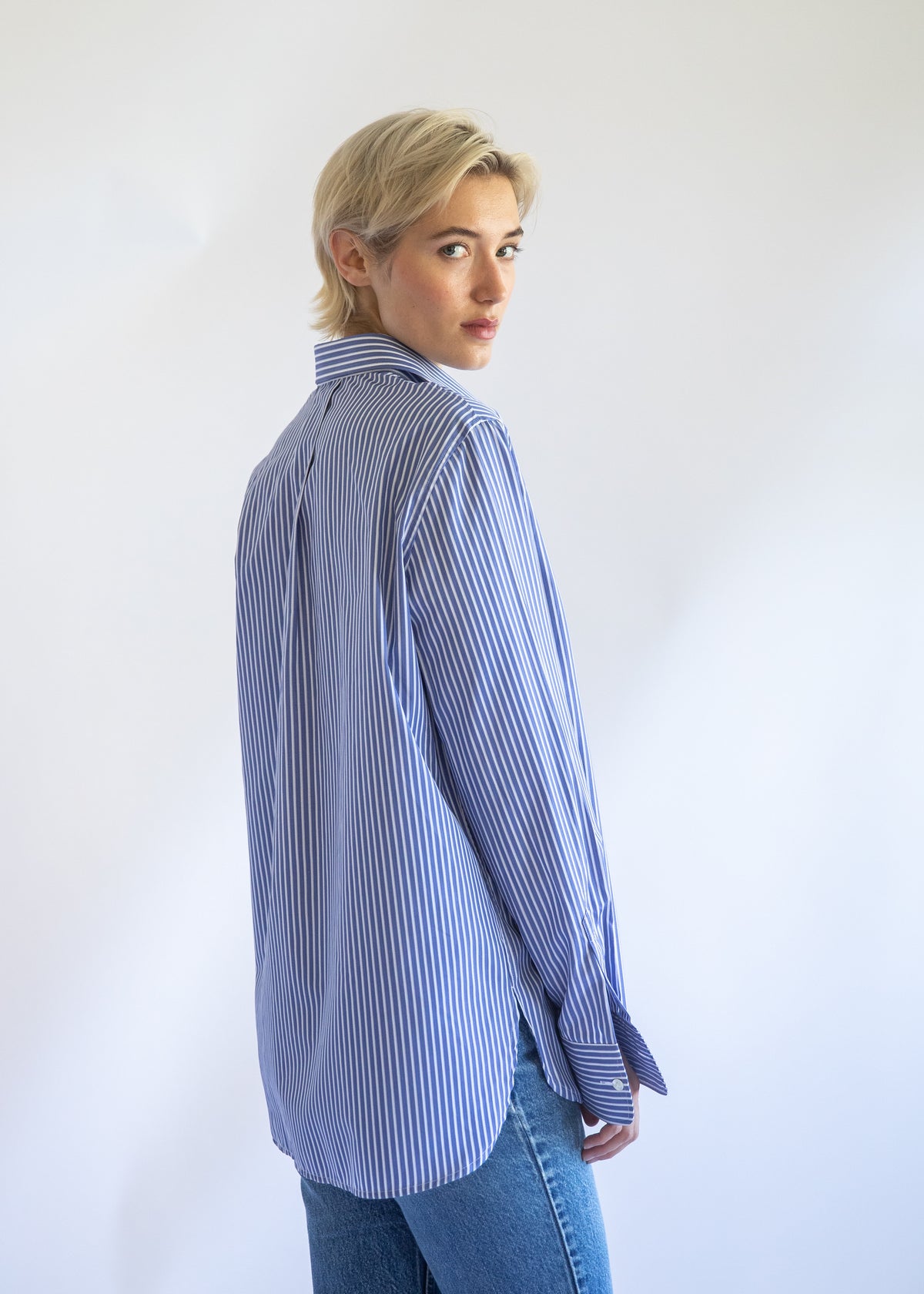 Gemma Button Up Shirt in Cornflower Stripe Cotton Poplin